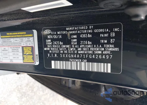 2015 Kia Optima Ex из США, поврежденный, VIN 5XXGN4A71FG426497